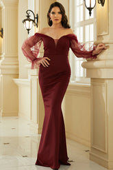 Vestido de noche de fiesta de manga larga con corte sirena negro